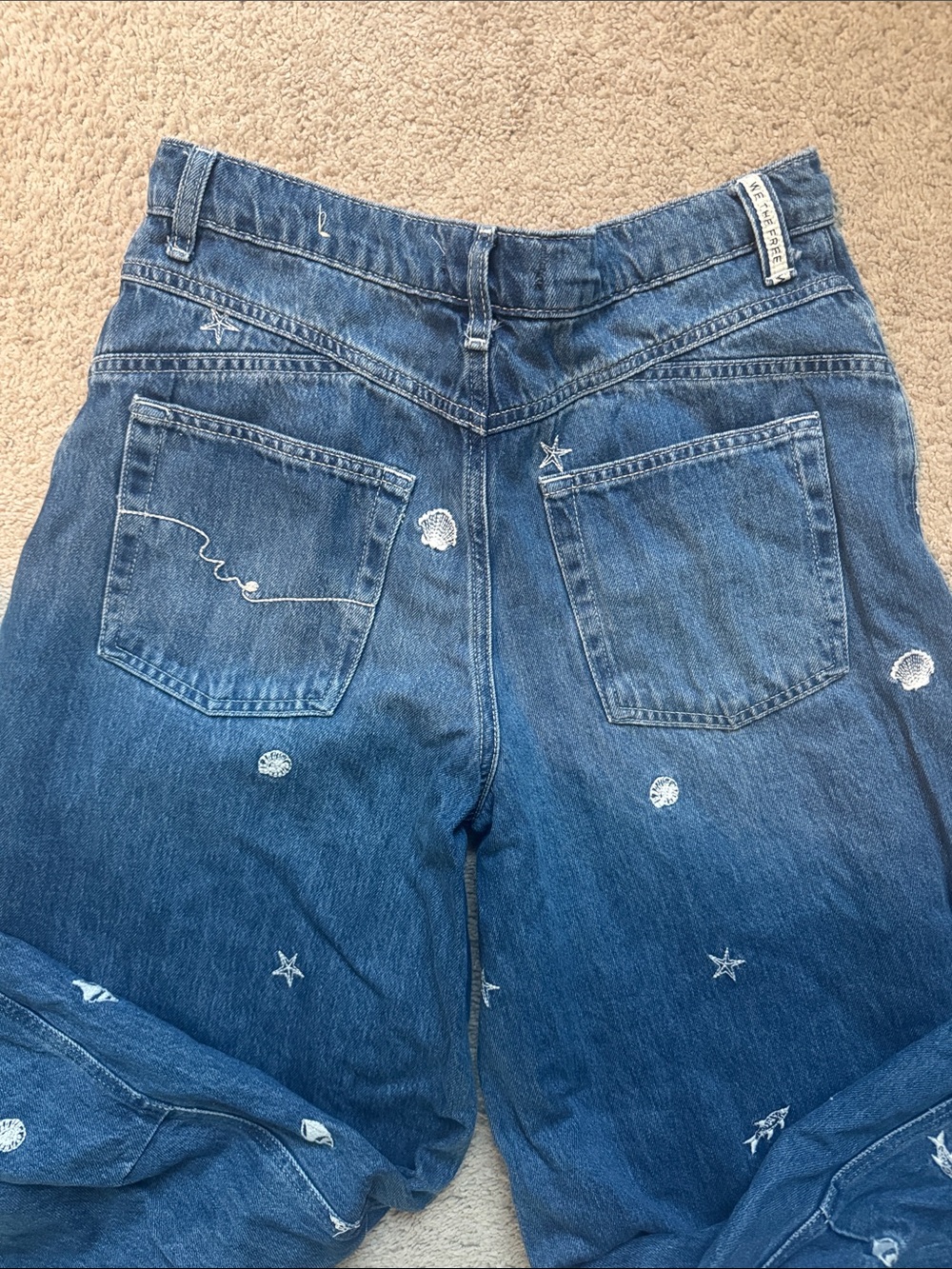 We The Free Wide Leg Embroidered Blue Denim Jeans - Picture 4 of 7
